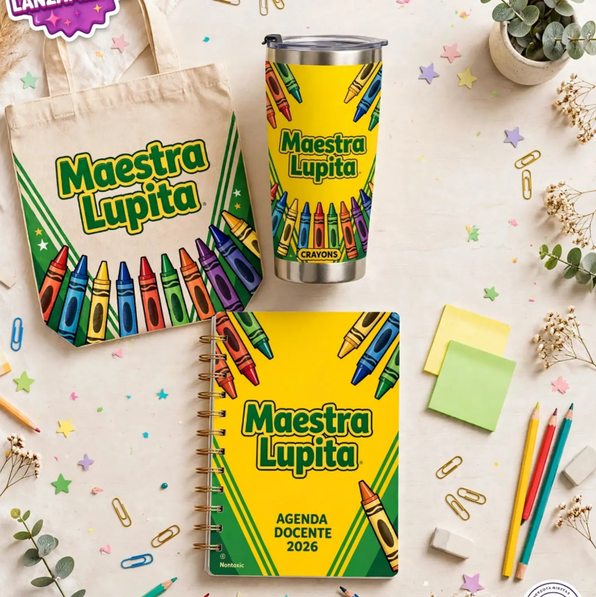 Kit Caja de Crayolas personalizado para maestras con termo, bolsa de manta y agenda docente