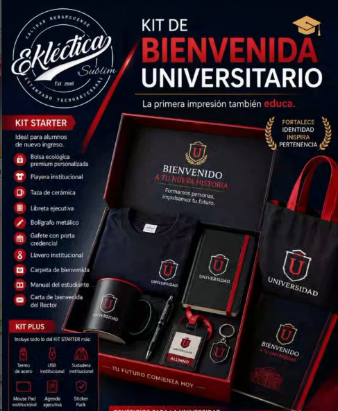 Kit VIP de bienvenida universitario con playera, taza, pluma, badge, llavero, libreta y morral personalizados