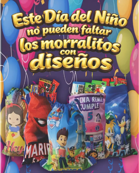 Morralitos personalizados con caricaturas, princesas y superhéroes para fiestas infantiles