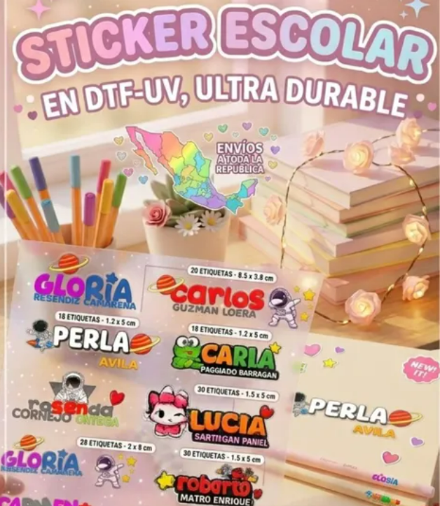 Paquete de stickers DTF-UV ultra durables para personalizar útiles escolares